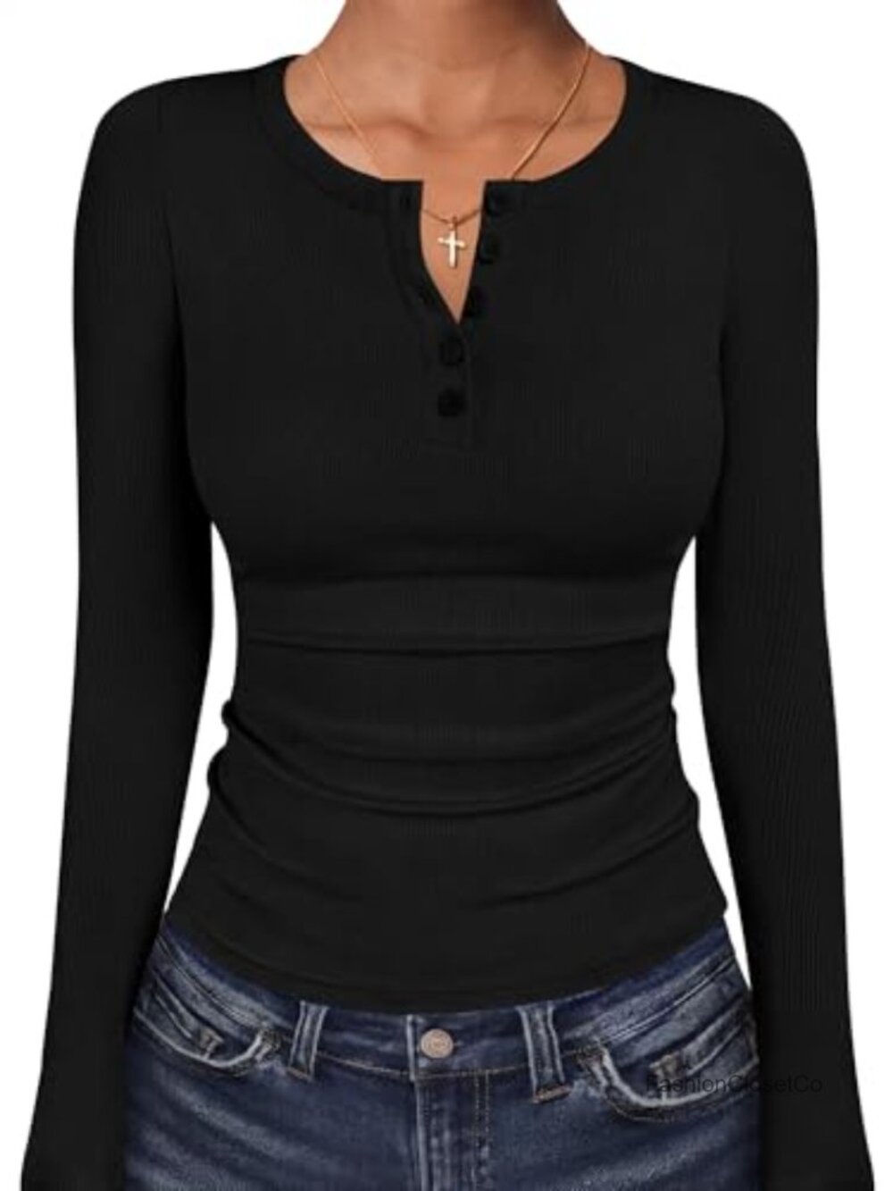 Women's Long Sleeve Henley Top Slim Fit Ribbed Basic Tee
